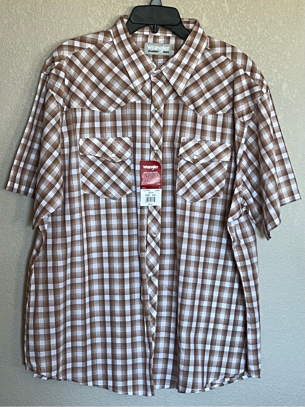 Wrangler Men's Brown Plaid Short-Sleeve Pearl Snap Button Down Western Shirt